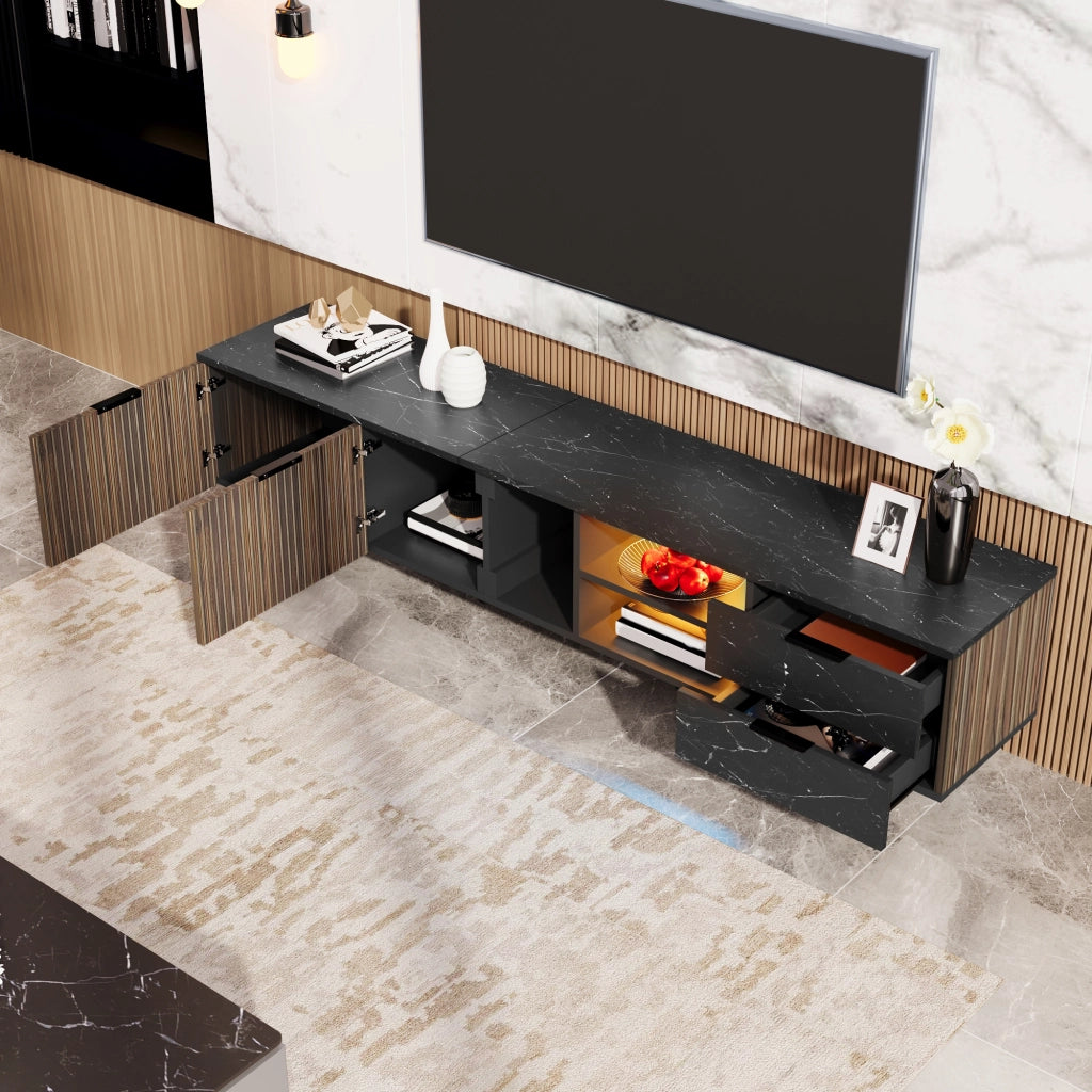 Cassettiera per TV nera e legno; in MDF; lunghezza 200 cm