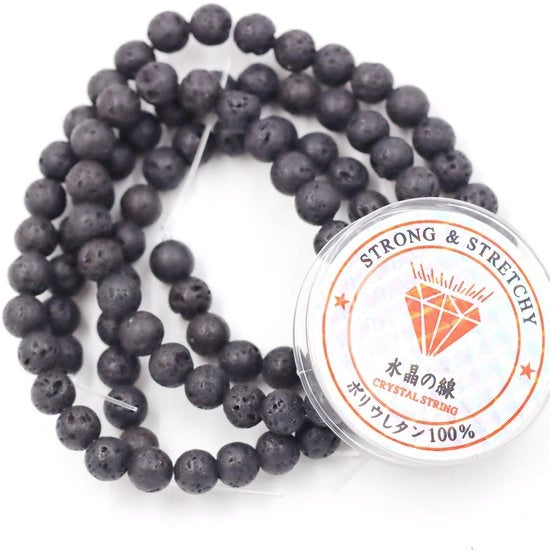Kralen con corda per l'assemblaggio di accessori per DIY Pietre decorative per collane e bracciali Energetiche pietre per bracciali terapeutici 8 mm = 96 pezzi e 1 rotolo di corda Pietre nere di lava 8 mm