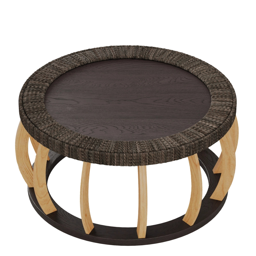 Tavolino da Caff¨¨ Rotondo in Legno Massello e Rattan ¨C Xylo ¨C Gambe Curve, Marrone Nero