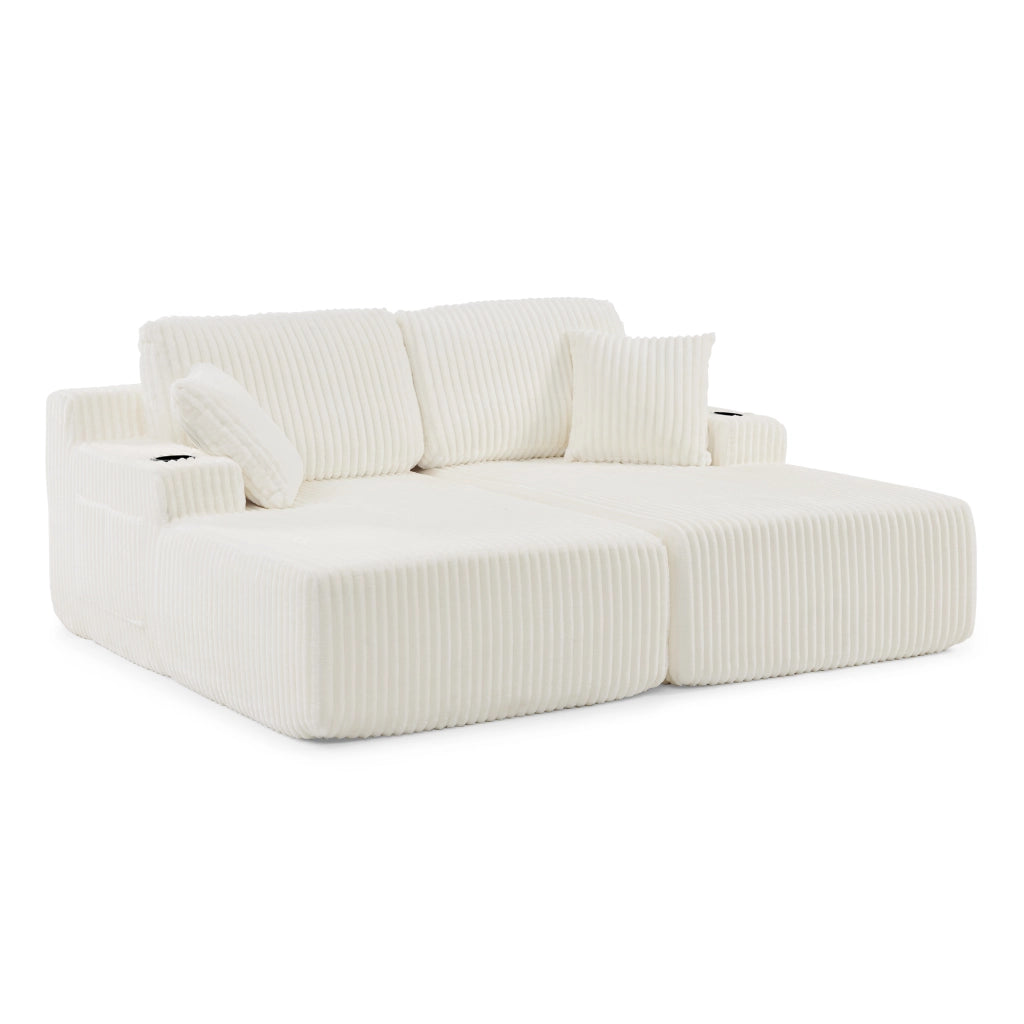 Divano convertibile a 2 posti in tessuto a coste con tasca laterale, portabicchieri e cuscini, beige