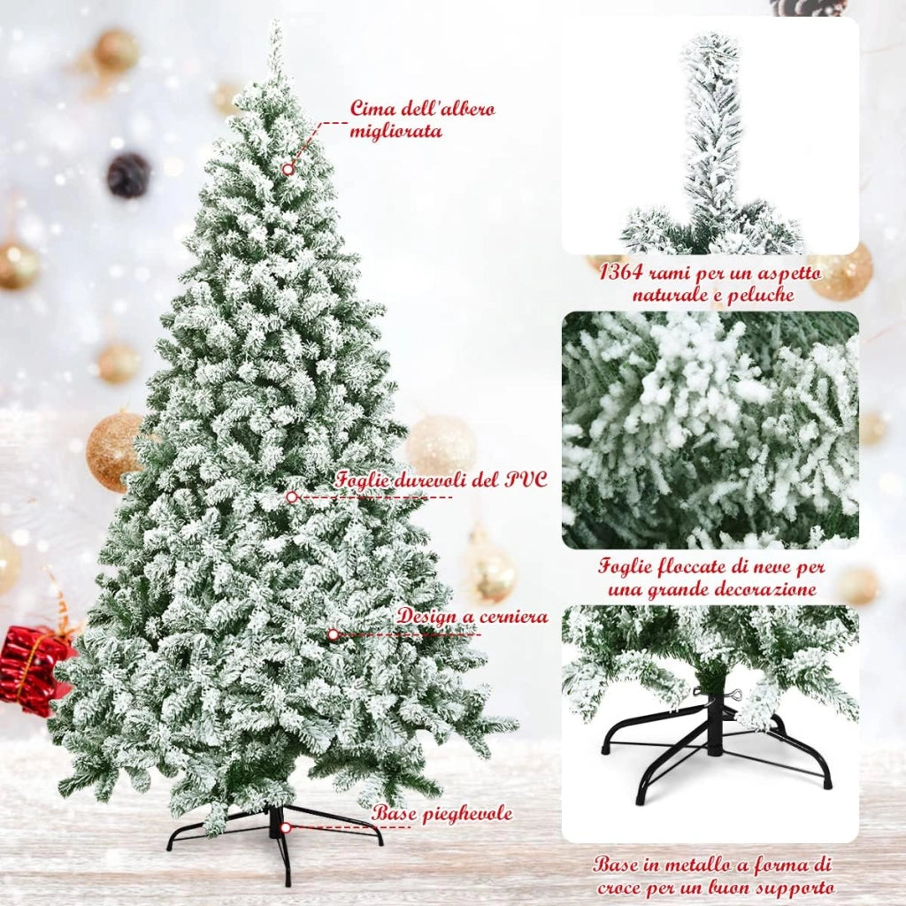 Albero di Natale 225 cm, Albero di Natale Innevato in PVC, Albero di Natale Artificiale con 1364 Rami Folti e Realistici e Base di Metallo, Verde (225 cm)