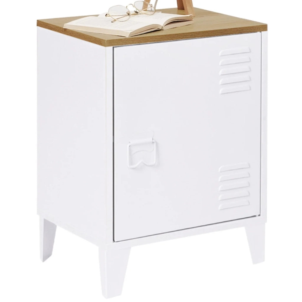 IDMarket - ESTER Mesilla de noche de 1 puerta de metal con tapa de haya de estilo industrial