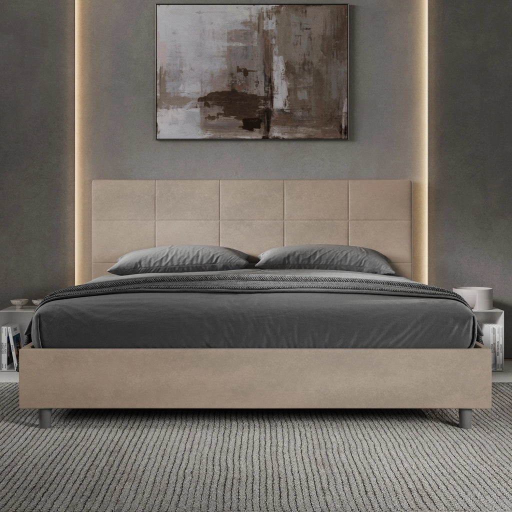 BS COM Letto matrimoniale king size con rete imbottito 180x200 microfibra sabbia
