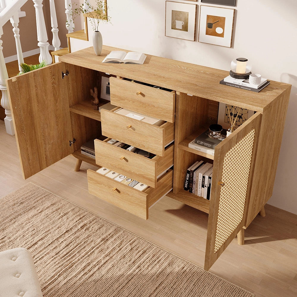 Buffet Commode con rotin - Xylo - 4 cassetti 2 ante scaffali regolabili