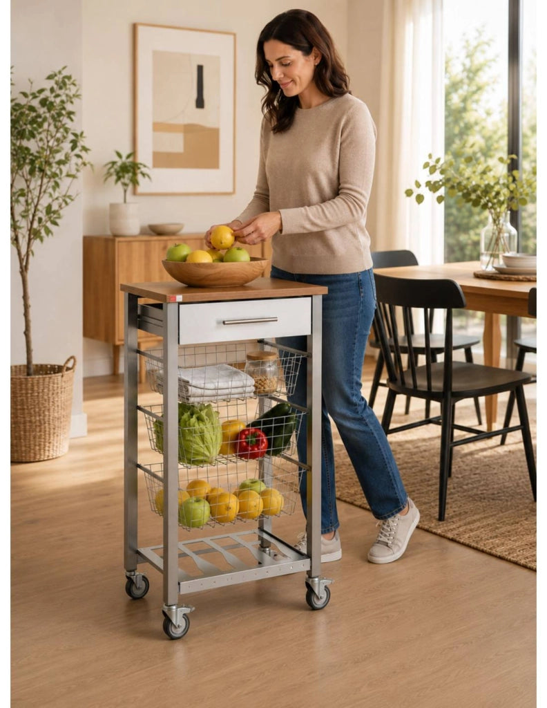 Carrello da cucina con ruote con piano color Ciliegio, ONDA ALUMINIUM