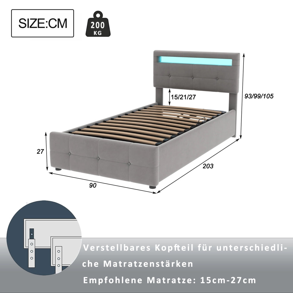 LETTO per bambini 90x200 cm con LED, contenitore, velluto grigio