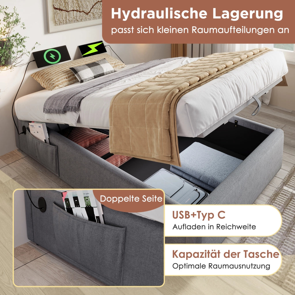 LETTO contenitore 90x200 cm con USB e Type-C tessuto grigio
