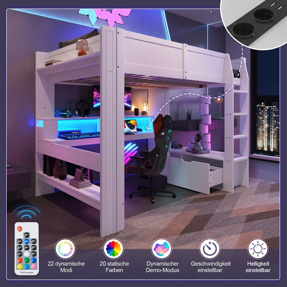 Letto a Soppalco con Scrivania e LED ¨C MINIMAL ¨C Bianco 140x200 con Cassetti e Ripiani