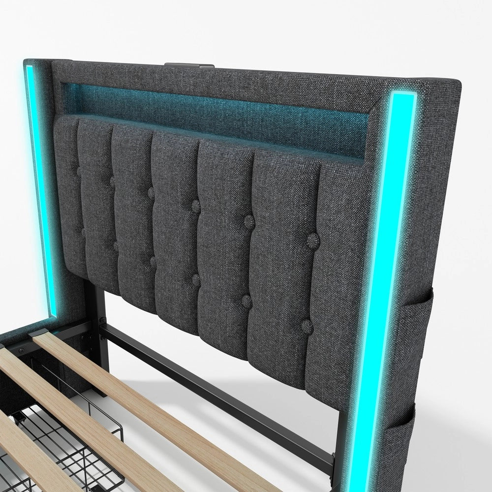 Letto Imbottito con LED, USB e 2 Cassetti ¨C MINIMAL ¨C Grigio 90x200 Singolo