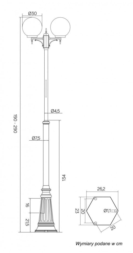 Lampione giardino SU-MA Kule 290cm 2xE27 nero IP43