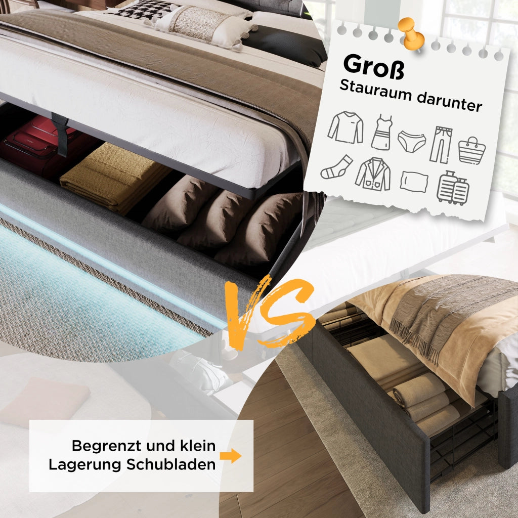 LETTO Contenitore 160x200 cm Grigio Cotone con USB Type-C e LED 3 lati