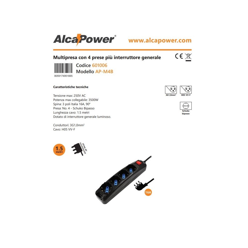 Alca power multipresa nera con 4 prese universali spina a 90° cavo da 1,5mt con interruttore