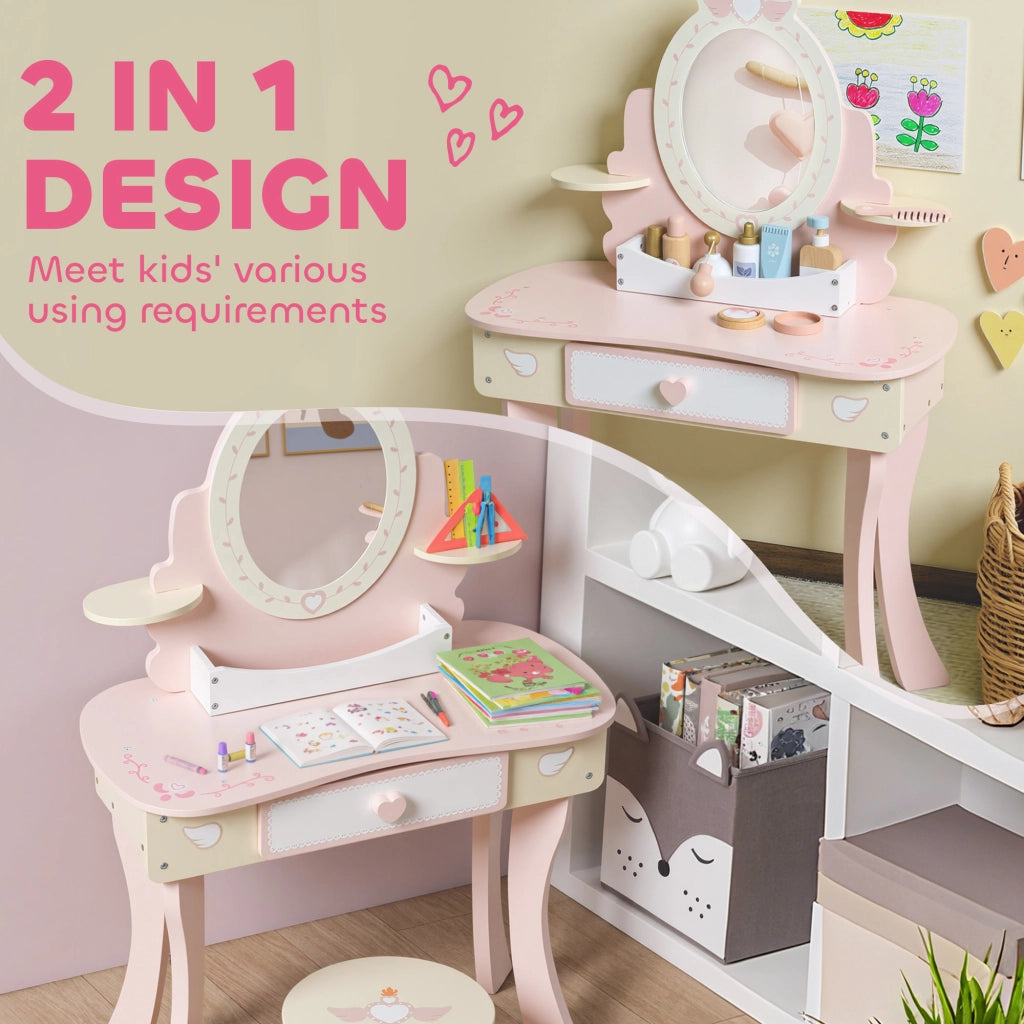Set Toeletta per Bambine con Specchio e Sgabello con 7 Accessori in Legno Rosa
