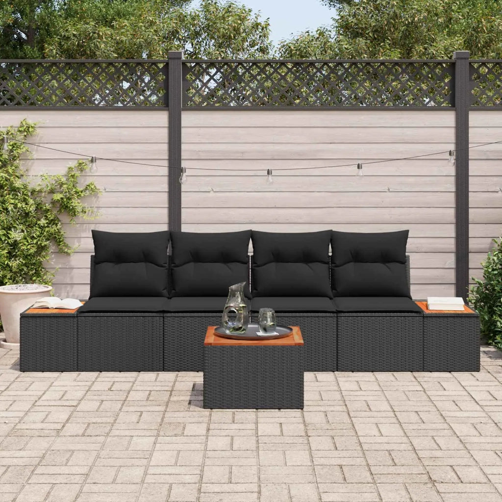 Set Divano da Giardino con cuscino 5 pcs Nero Poly Rattan