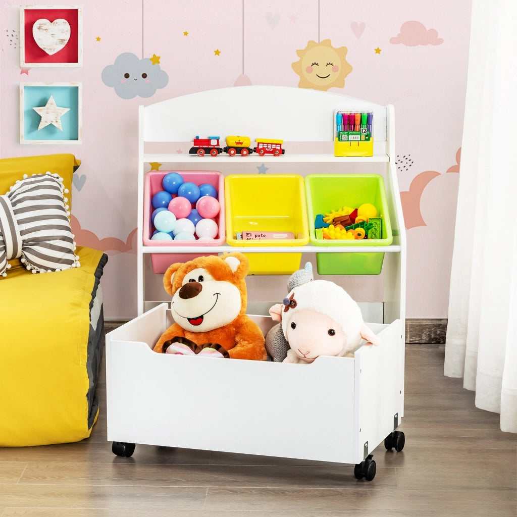Libreria di legno con ruote per bambini, Organizer libri e giocattoli con 3 cesti, Bianco