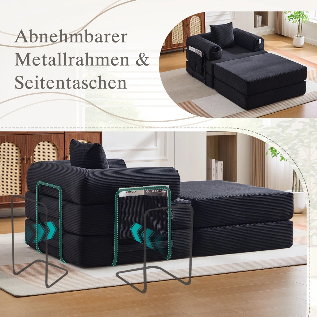 DIVANO Modulare 112x190x67 cm in tessuto a coste Nero con cuscino e pouf