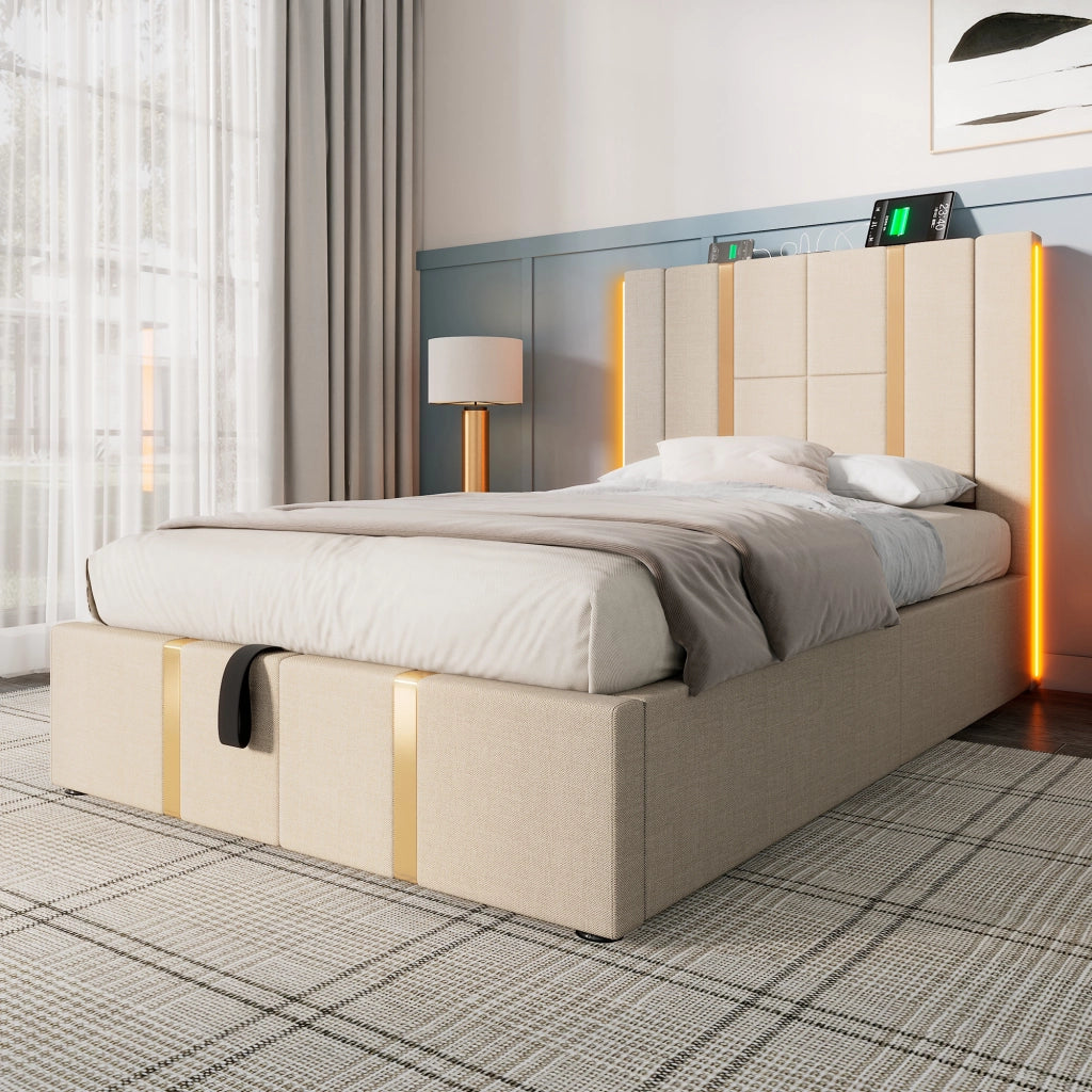 LETTO Imbottito 90x200 cm Beige con USB-C, LED RGB e contenitore
