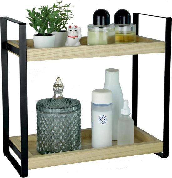 Organizzatore per la stanza da bagno in piedi - organizzatore per la stanza da bagno senza perforazione - 2 livelli - nero - legno e metallo
