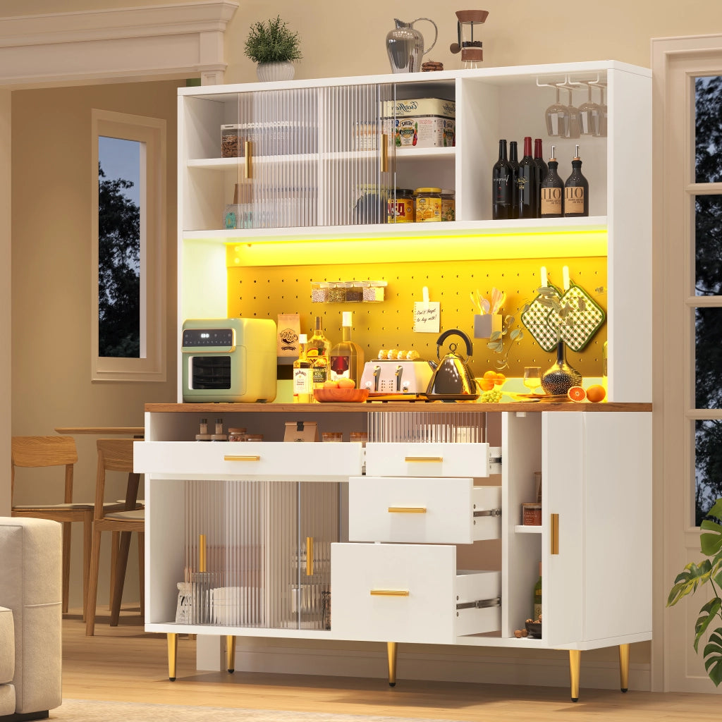 OKWISH Credenza Alta da Cucina con Porta Scorrevole in Vetro, Ripiani Regolabili e LED, MDF, Bianco, 145×39×171 cm