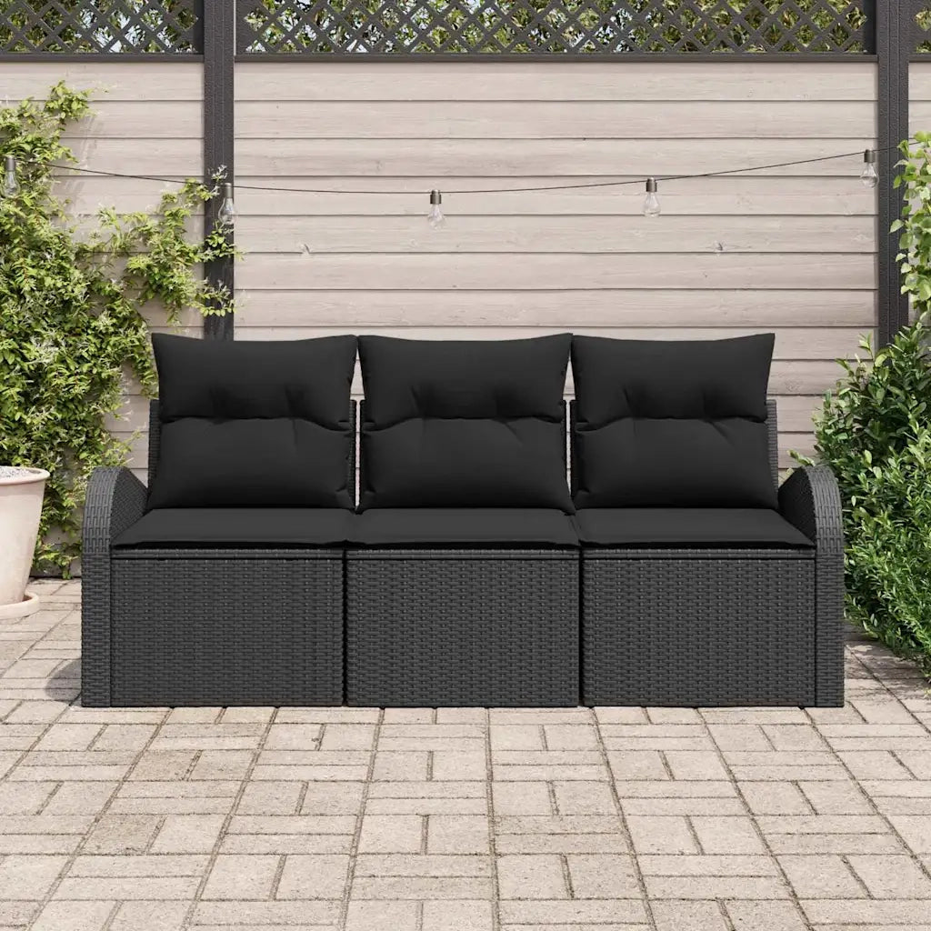 Set Divano da Giardino con cuscino 3 pcs Nero Poly Rattan