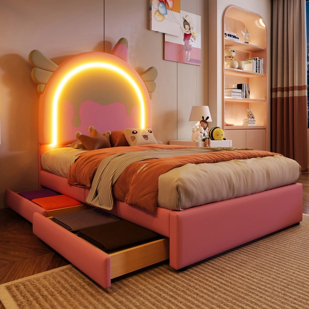 Letto Imbottito Singolo con Cassetti e LED ¨C MINIMAL ¨C Rosa, PU, 90x200