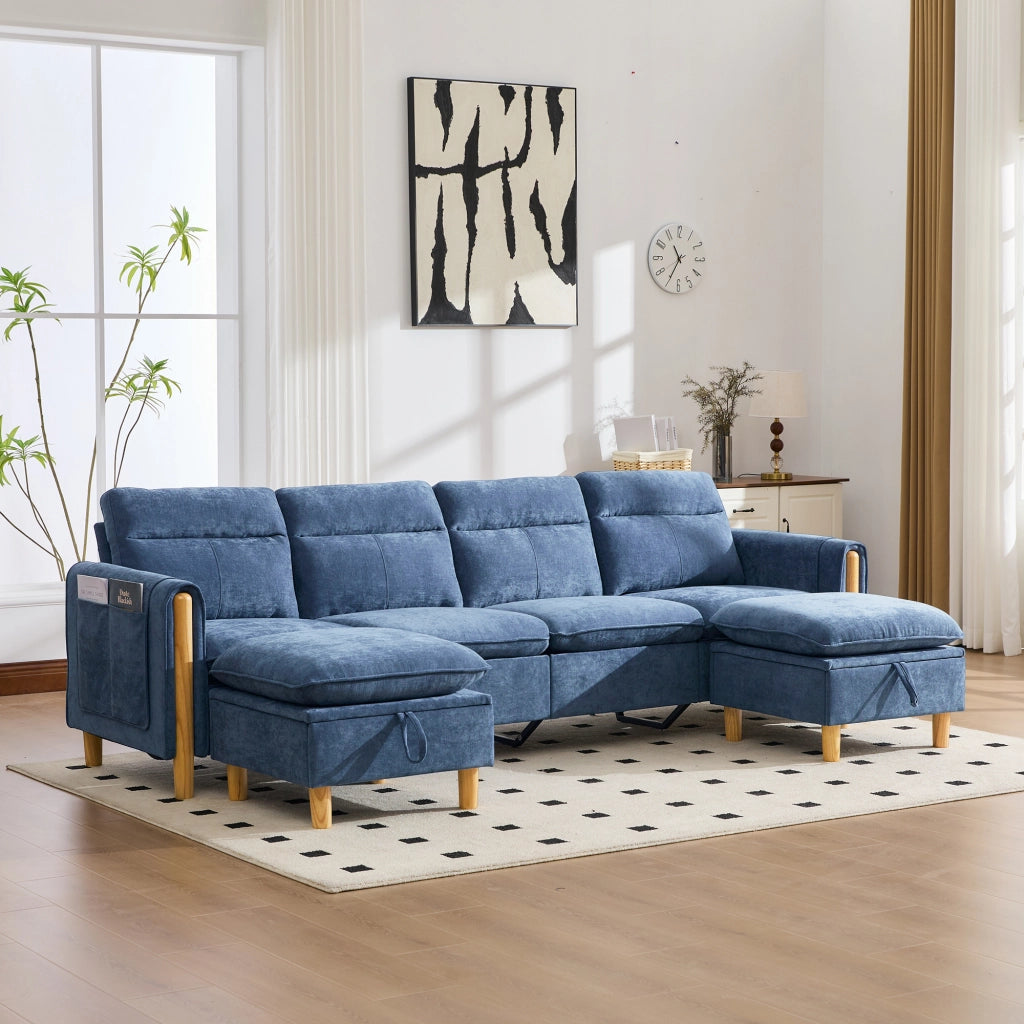 Divano angolare modulare a U 4 posti con contenitore e braccioli, in Chenille Blu