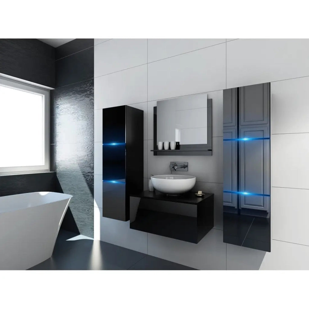 Set di mobili da bagno neri collezione OWL. 2 colonne, mobile sotto lavabo, specchio.