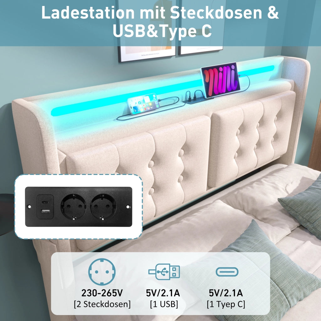 LETTO imbottito 140x200 cm in cotone-lino beige con LED, USB e 4 cassetti
