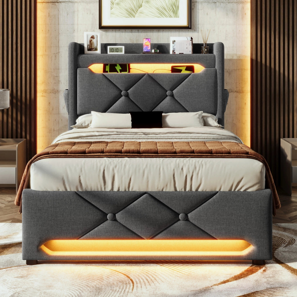 LETTO Singolo 90x200 cm con LED e ricarica, Grigio, Lino