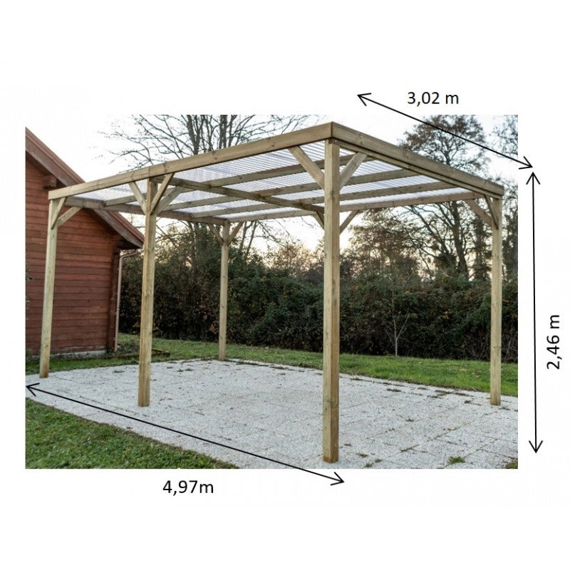 Carport in legno da giardino 302x497 cm – Tettoia auto, pergola con 6 pali – tetto PVC trasparente – autoclave – CAR3051A2(ex.CAR3051A) Foresta