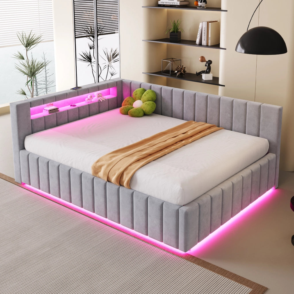 LETTO imbottito 140x200 cm Grigio in velluto con contenitore, LED e USB