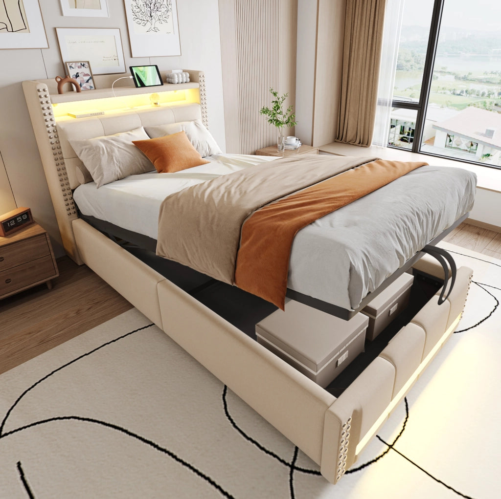 Letto singolo imbottito 90x200 cm con LED, USB e vano contenitore