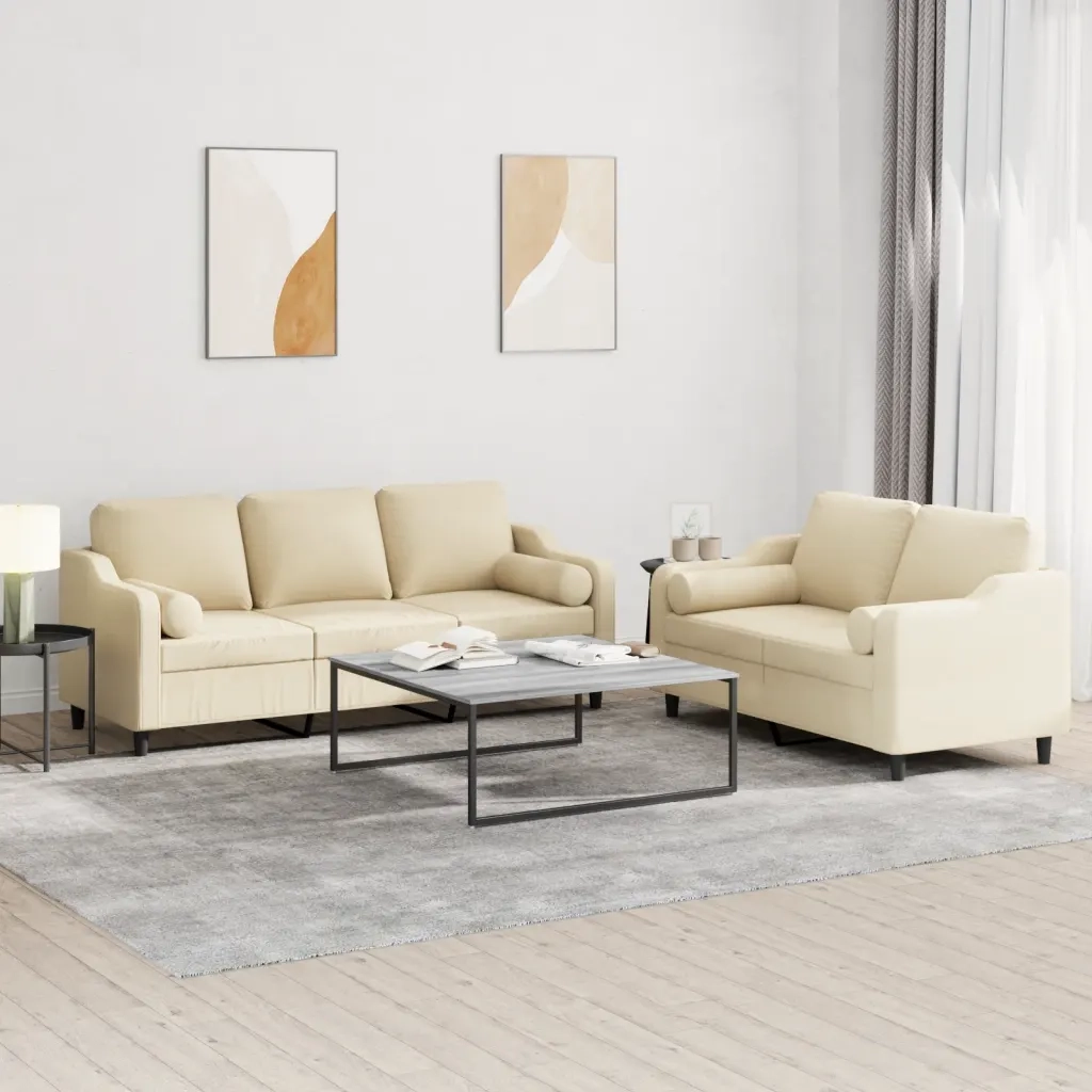 Set Divani 2 pz con Cuscini Crema in Tessuto