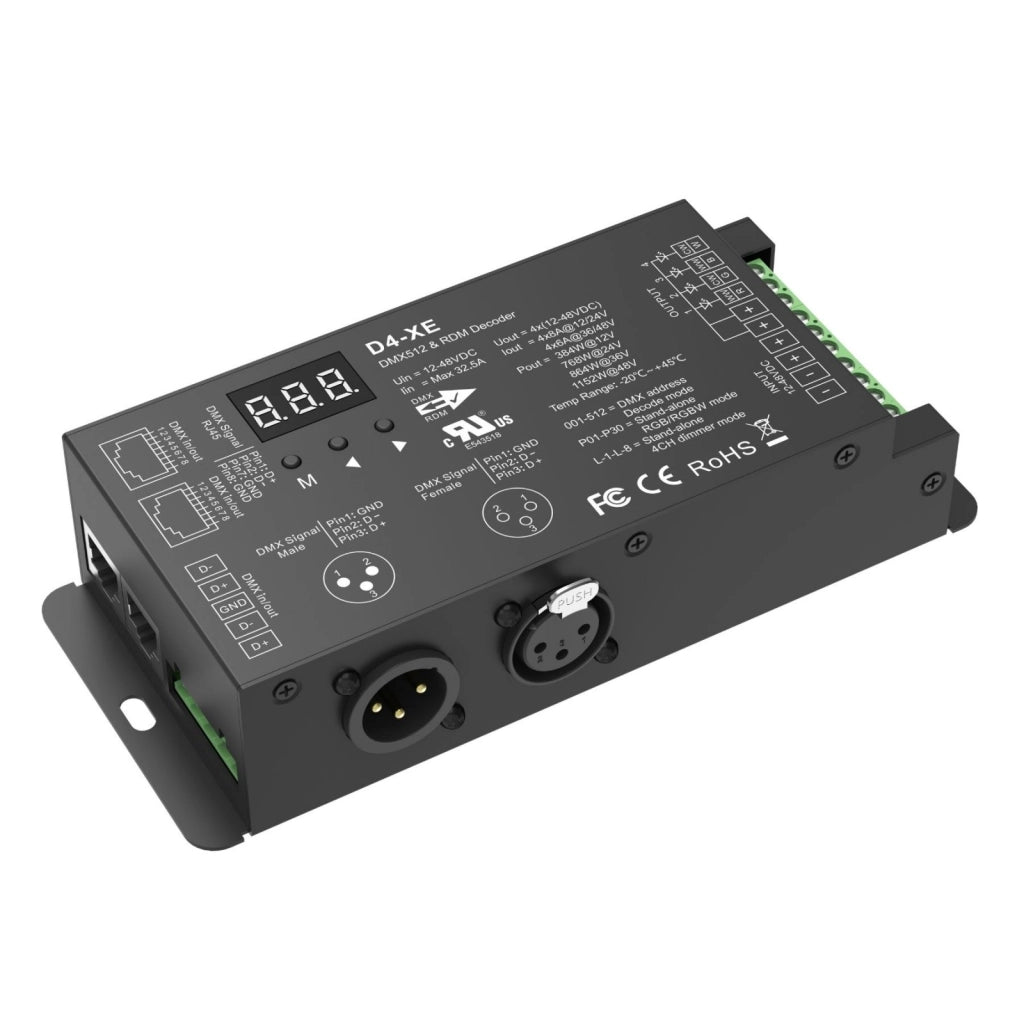 Decoder DMX512 CV D4-XE 4 Canali, 12-48V DC, 4x8A, RDM, PWM Regolabile