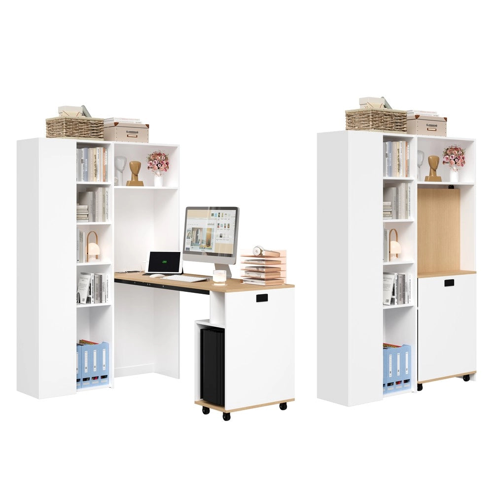 Scrivania Pieghevole con Libreria 2-in-1 ¨C Xylo ¨C Bianca, Ripiani Regolabili, Angolare, Presa USB