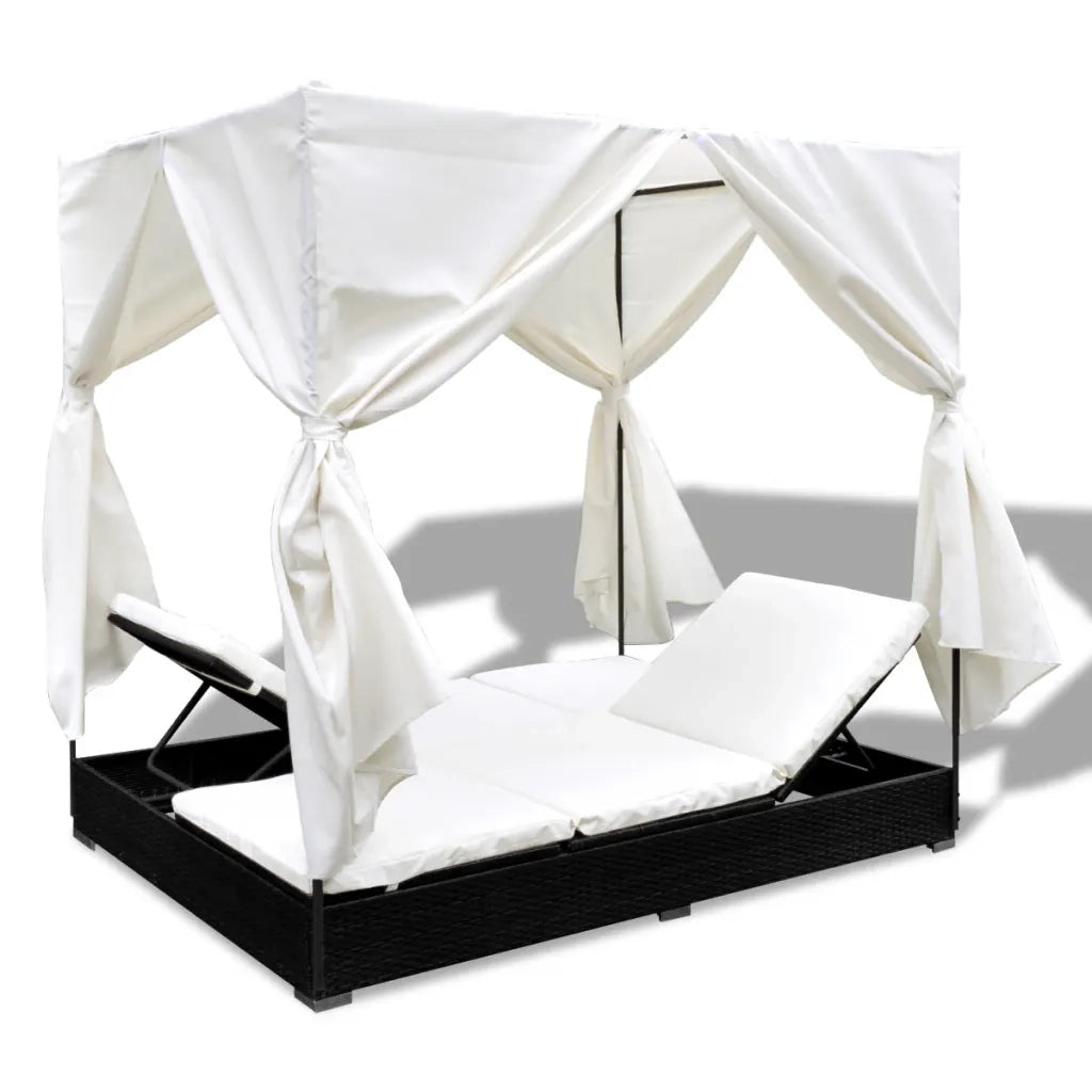 Lettino Prendisole con Tende in Polyrattan Nero 42948
