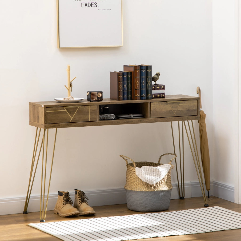 Consolle Ingresso con 2 Cassetti e Ripiano Aperto ¨C Minimal ¨C Legno e Bronce 120x29x79 cm