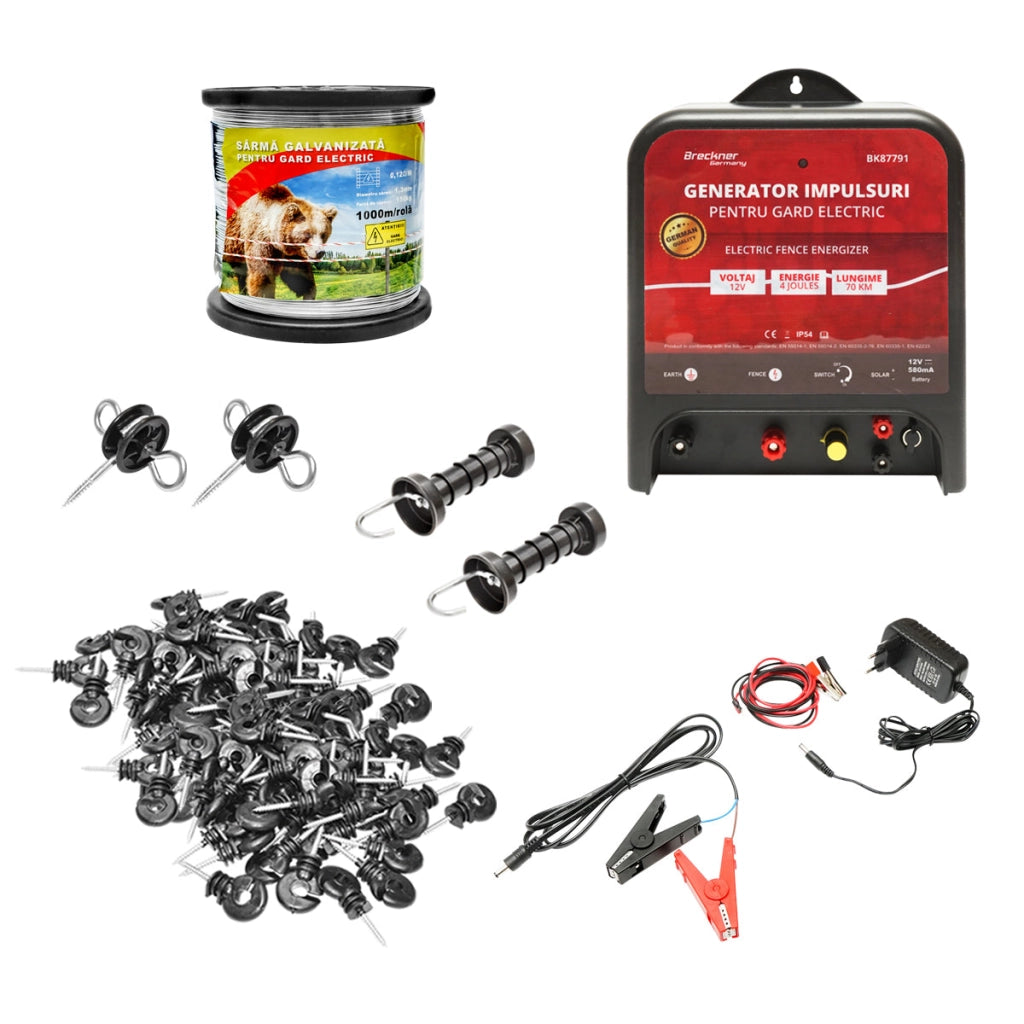 Kit completo per recinzione elettrica 12/220V, 4 Joule, lunghezza filo 1000m, 100 isolatori Breckner Germany