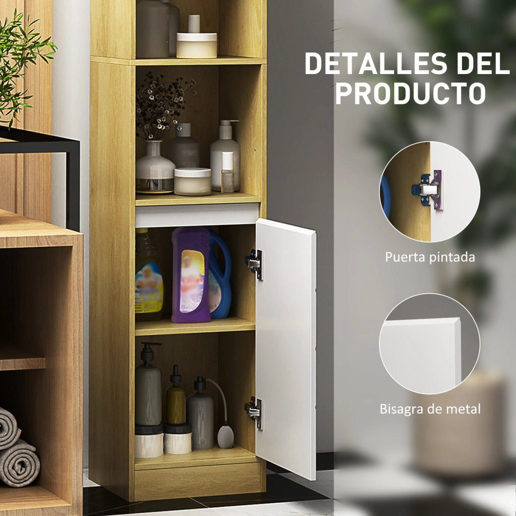Colonna Bagno Stretto con 2 Ante e Ripiani Aperti ¨C Zephmum ¨C Rovere Bianco 30x24x170 cm