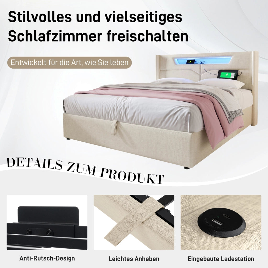 LETTO Matrimoniale LED 160x200 cm in lino beige USB Type C