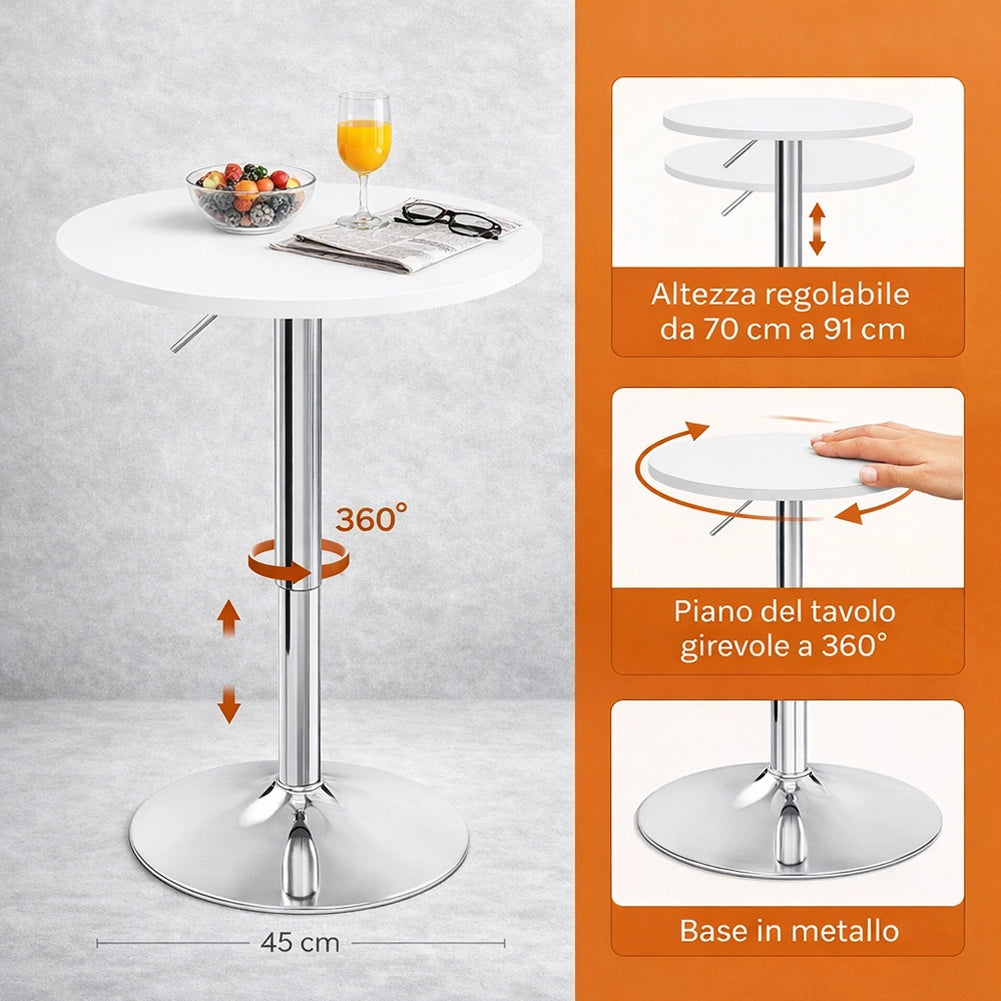 Tavolo Bar Girevole Bianco Diametro 60 cm Altezza Regolabile per Bar Ristoranti
