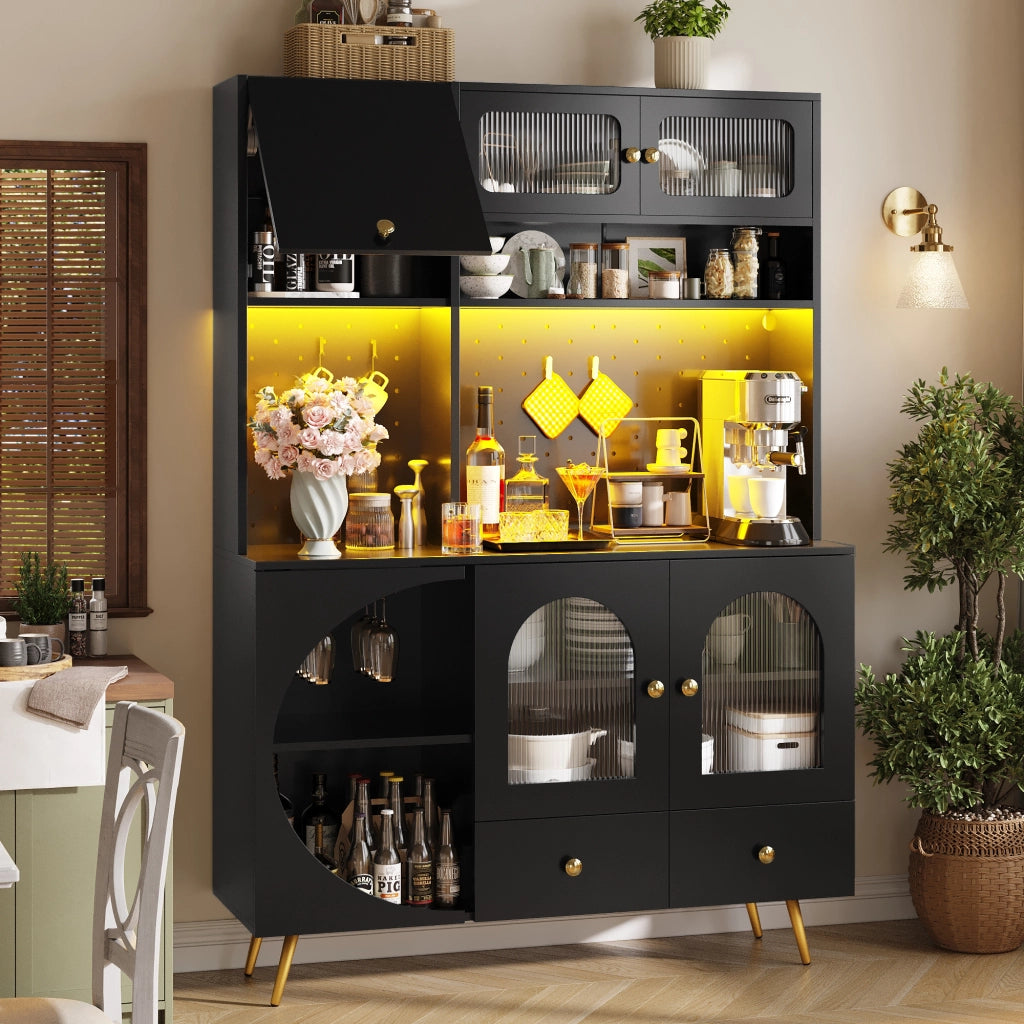Mobile Credenza con LED, USB e Prese ¨C MINIMAL ¨C Nero, Vetro, Cassetto