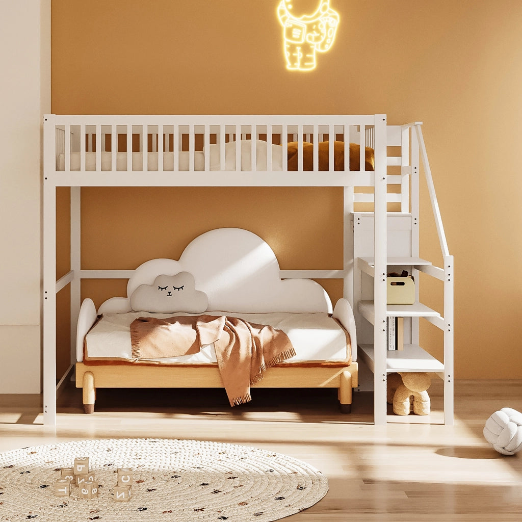 Letto a soppalco 140x200 con scala - Zephmum - Bianco, scaffale di stoccaggio, armadio semplice