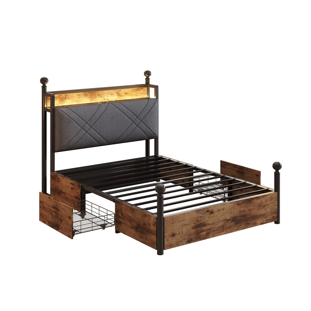 Letto Singolo con Baldacchino, Cassetti e LED ¨C MINIMAL ¨C 90x190, Ferro, con USB