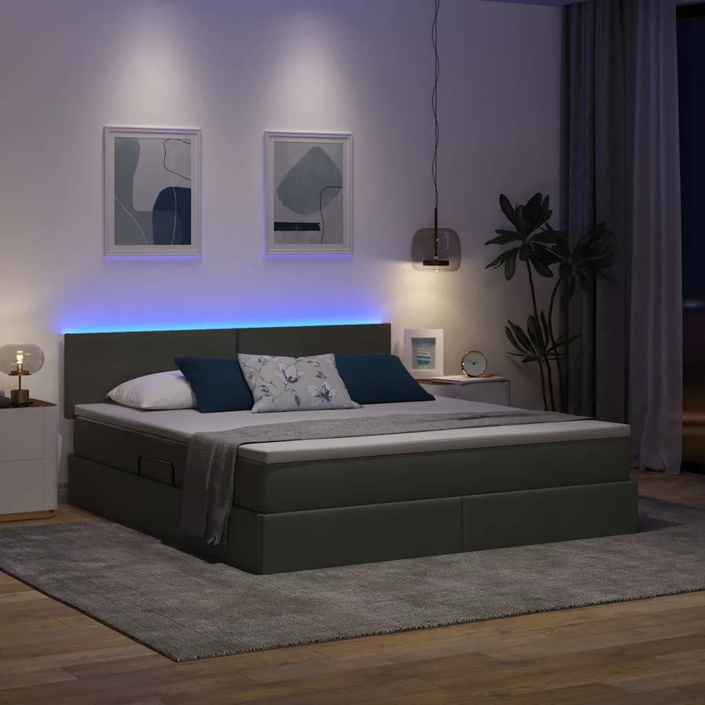 Letto con contenitore e LED Grigio scuro 160 x 200 cm Tessuto