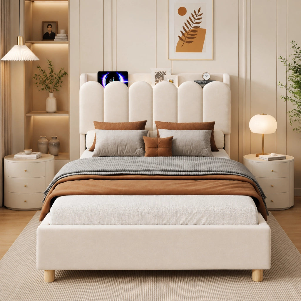 LETTO Singolo 90 x 200 cm in velluto beige con testiera e USB Type-C