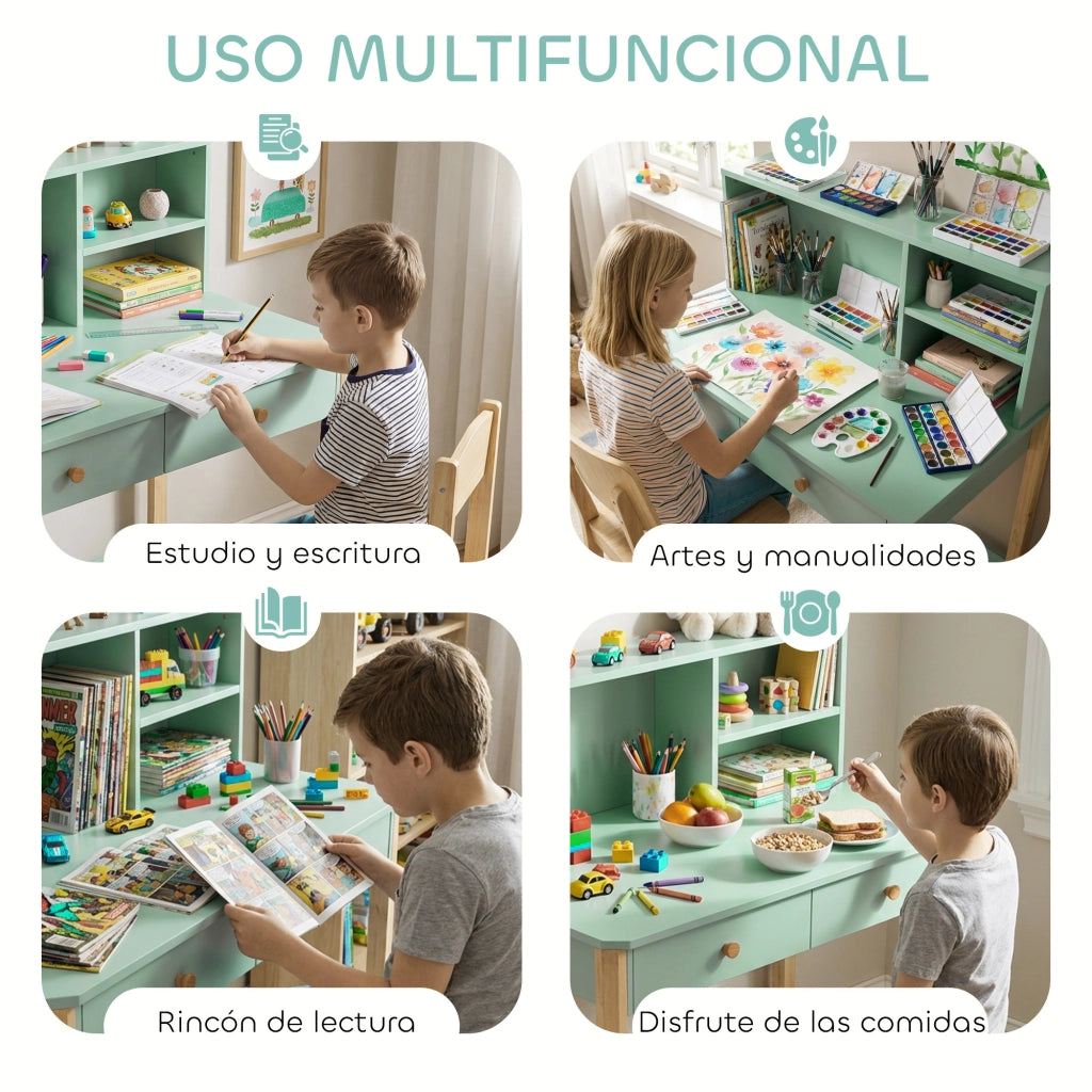 Scrivania per bambini con cassetti e scaffali ¨C zephmum ¨C Verde 90x52x105 cm