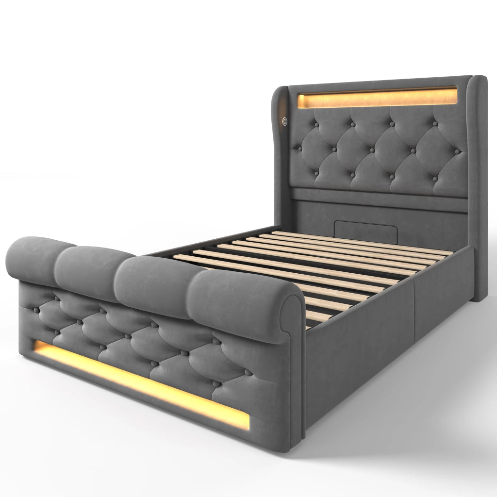 Letto singolo contenitore 90 × 200 cm in velluto grigio con LED porte USB e Type-C