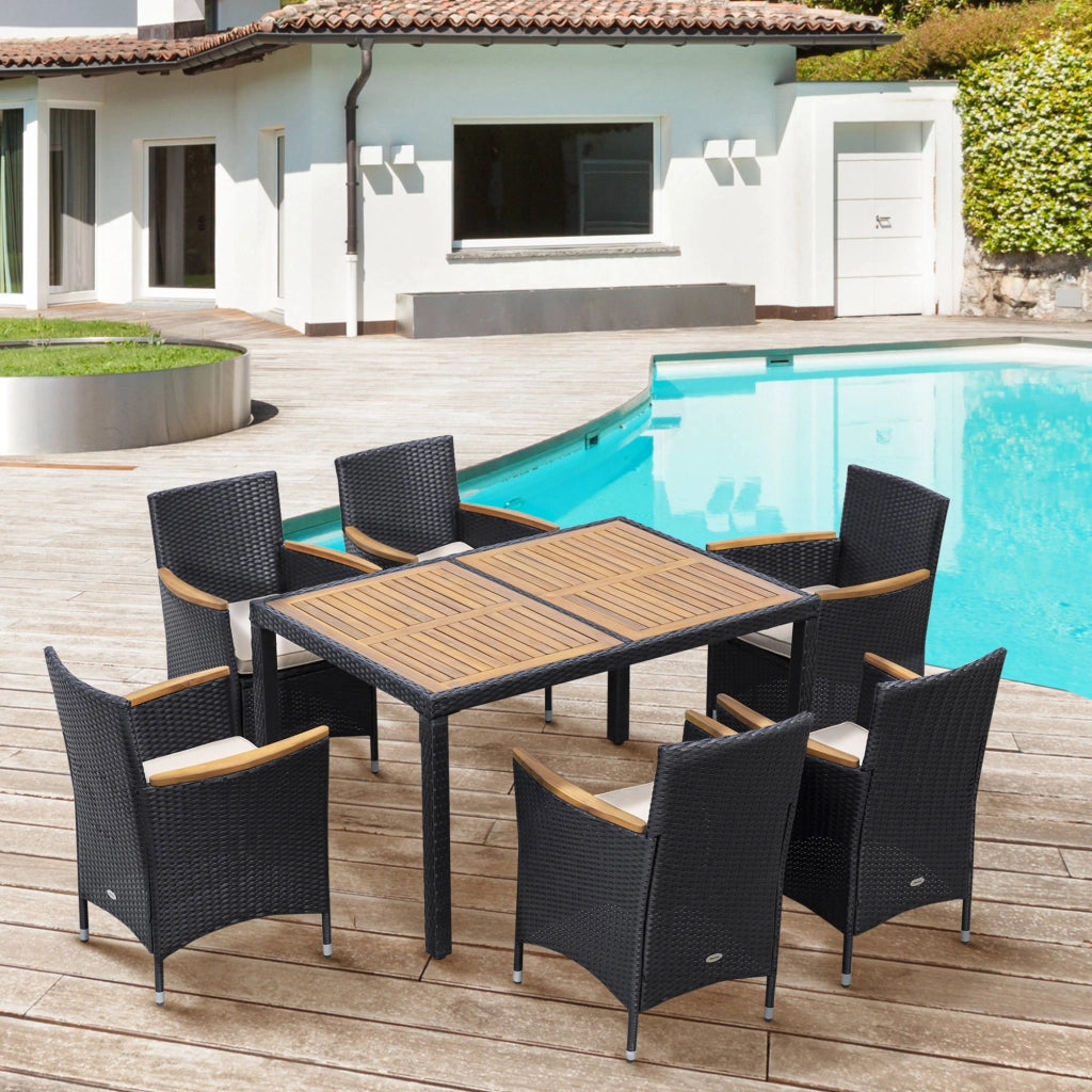 Set Tavolo e Sedie da Giardino 7 Pezzi in Polyrattan e Legno con Cuscini ¨C Minimal ¨C Nero