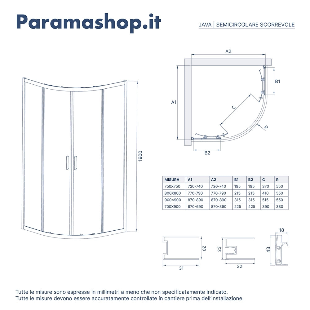 Box doccia 80x80 cm semicircolare doppio scorrevole profili neri vetro trasparente h190 | Java